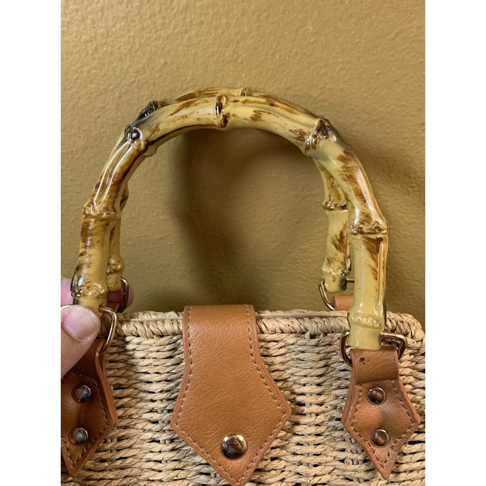 Woven Handbag‎ Paper Fiber Faux Bamboo Handles Tan Crossbody Summer Tote Purse - Picture 3 of 7